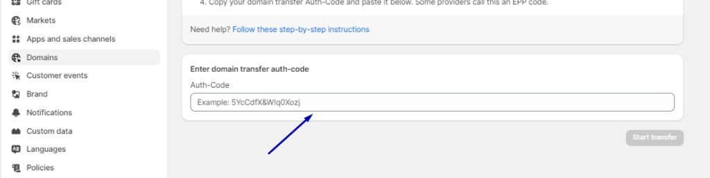 Enter the authorization code you received from your domain provider into the Authorization code